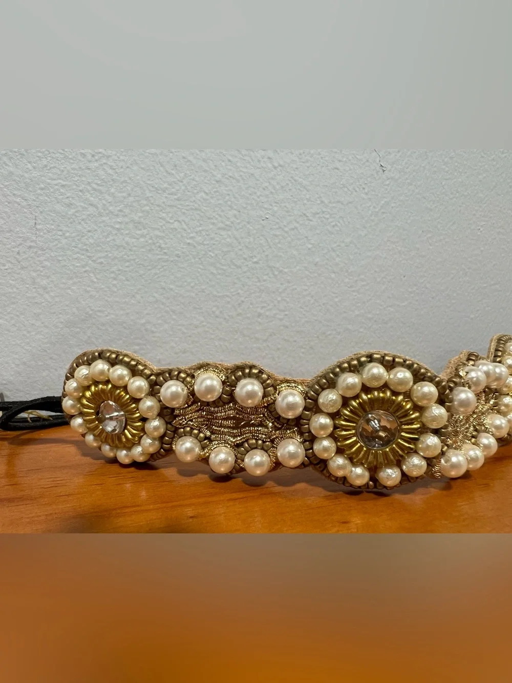 DEEPA GURNANI NWT Beaded Pearl Embellished Boho Stretch Leather Lined Headband